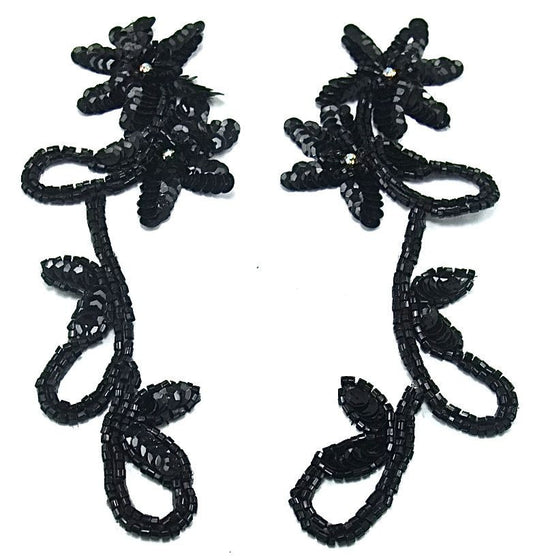 Flower Pair with Black Sequins and Beads and AB Rhinestones 8" x 3.5" Each Side