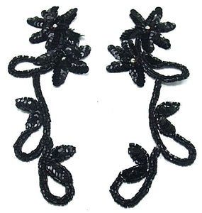 Flower Pair Black Sequins and Beads and AB Rhinestones 8" x 3.5"