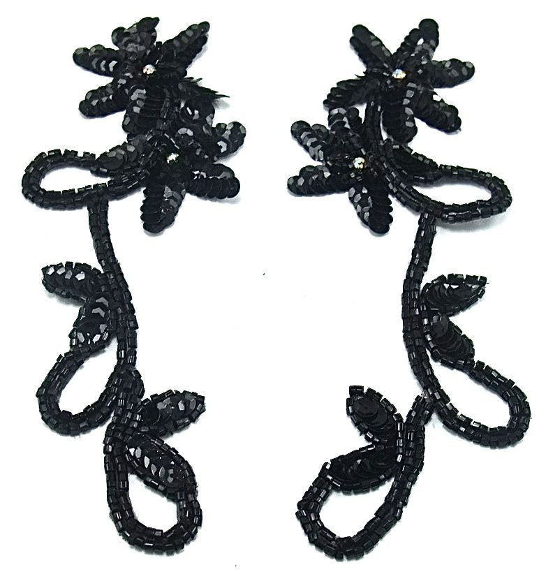 Flower Pair Black Sequins and Beads and AB Rhinestones 8