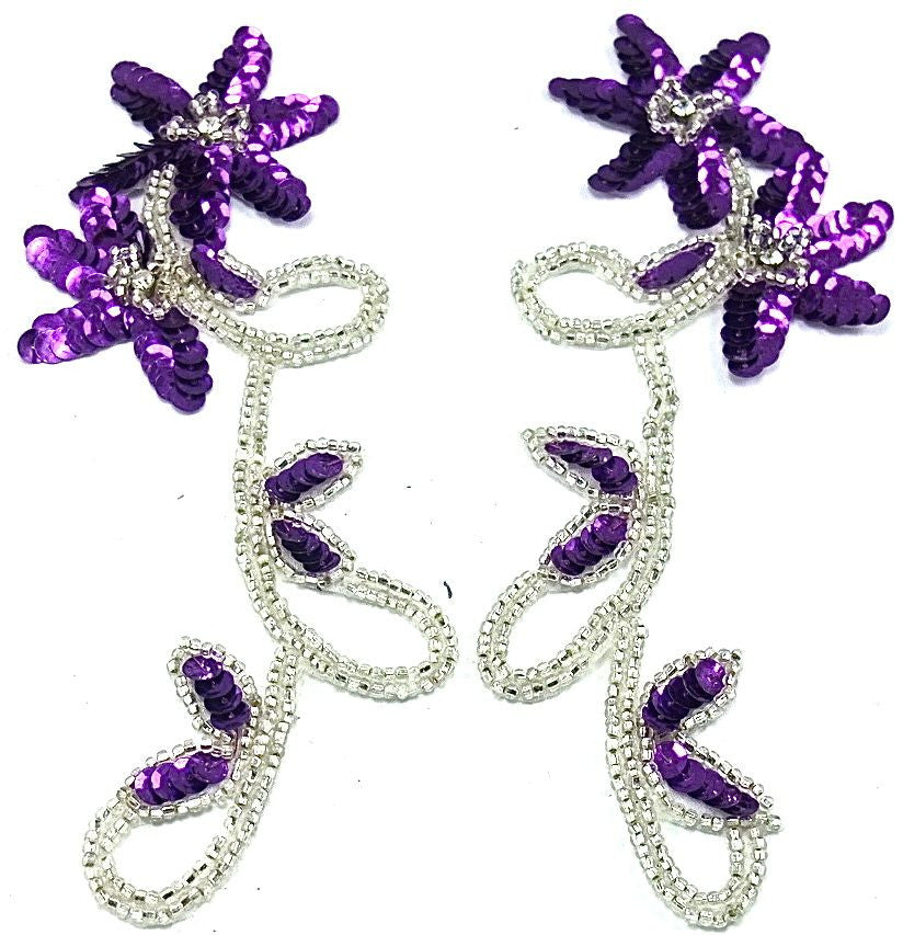 Flower Pair with Purple Sequins and Silver Beads, 8