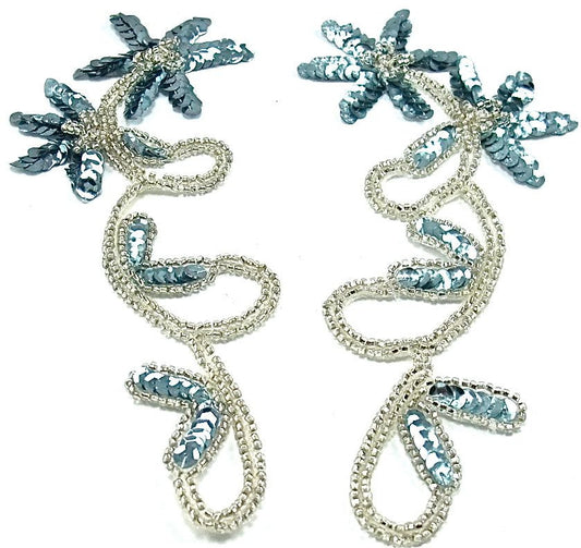 Flower Pair with Ice Blue Sequins and Beads and rhinestones 8" x 3.5"