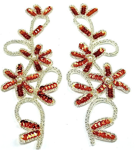 Flower Pair with Orange Red Sequins and Silver Beads