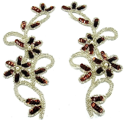 Flower Pair with Bronze Sequins Silver Beads 8.5" x 3"