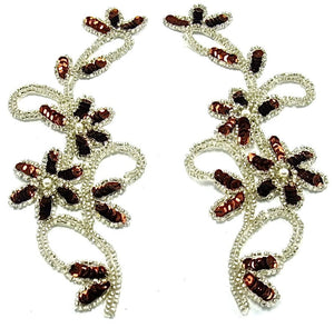 Flower Pair with Bronze Sequins Silver Beads all trim 8.5" x 3"