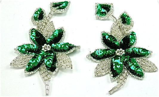 Flower Pair with Green Sequins Silver Beads Pearls and Rhinestone 6" x 3"