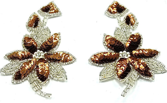 Flower Pair with Bronze Sequins and Silver Beads 5.5" x 3"