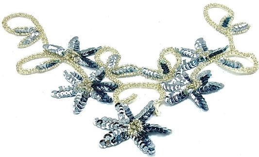 Flower Neck Line with Ice Blue Sequins and Silver Beads 11.5" x 6"