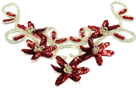 Flower Neckline with Red Sequins and Silver Beads and Rhinestones 11.5" x 6"