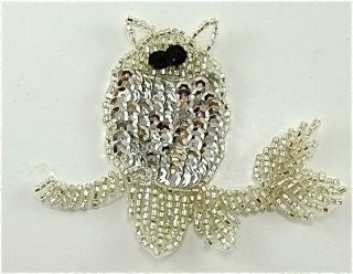 Owl on Branch with Silver Sequins and Silver and Black Beads 3.5" x 2"