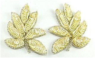 Leaf Pair Appliqués with Cream Sequins and Silver Beads 3" x 3.5"