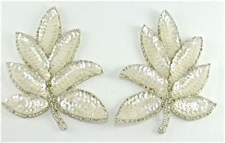 Leaf Pair with Iridescent Sequins Silver Beads 3" x 4.5"