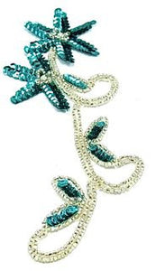 Flower Teal with Sequins and Silver Beads and Rhinestone 8" x 3.5"