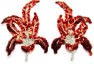 Designer Motif Flower Appliqués Choice of  Pair or Single with Red Sequins and Silver Beads 3" x 6"