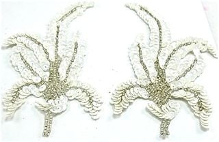Leaf Pair with China White Sequins and Silver Beads 6" x 3"