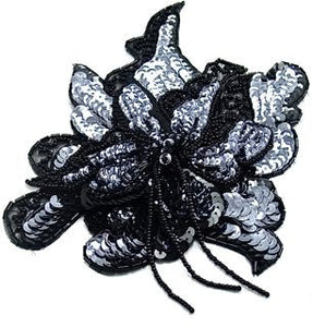 Flower with Gunmetal Sequins and Black Beads 7" x 5"