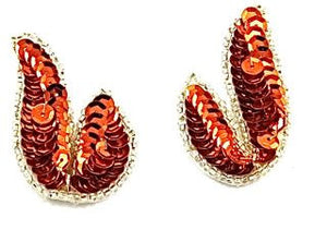 Leaf Pair or Singe with Fall Color Orange Sequins and Silver Beads 1.25" x 2"