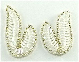 Leaf Pair or Single with White Sequins and Silver Beads 1.25" x 2"
