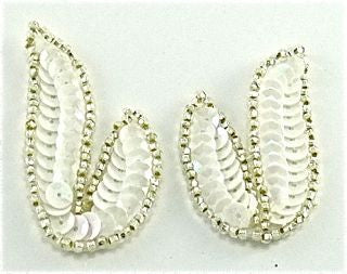 Leaf Pair or Single with White Sequins and Silver Beads 1.25