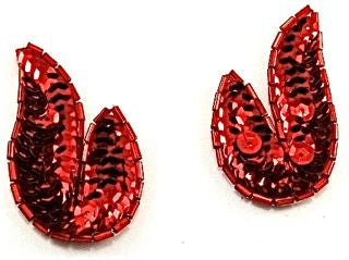 Leaf Pair with Red Sequins and Beads 1.25" x 2"