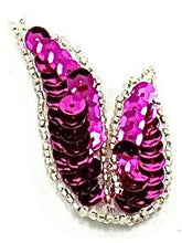 Load image into Gallery viewer, Leaf Pair or Single with Fuchsia Sequins and Silver Beads 1.25&quot; x 2&quot;