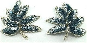 Leaf Pair with Ice Blue Sequins and Silver Beads 4" x 3"