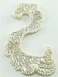 Designer Motif Swirl with White Sequins and White Beads 4" X 2"