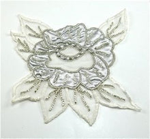 Load image into Gallery viewer, Flower Embroidered White with Silver Beads 5.6&quot; x 6.5&quot;