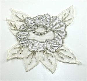 Flower Embroidered White with Silver Beads 5.6" x 6.5"
