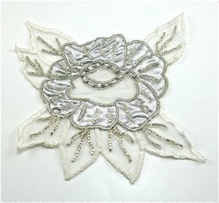 Flower Embroidered White with Silver Beads 5.6