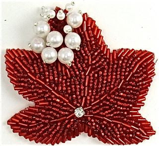 Red Leaf Epaulet with Beads, Pearls and Center Rhinestone 3" x 3"
