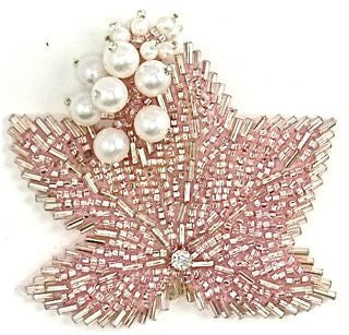 Iridescent Pink Leaf Epaulet with Beads, Pearls and Center Rhinestone 3" x 3"