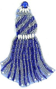 Tassel Silver and Blue Beads with Gem 3" x 4.5"