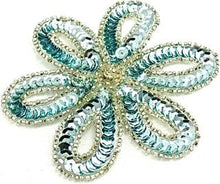 Load image into Gallery viewer, Flower with Ice Blue Sequins and Silver Beads with Rhinestone 3.5 x 3.5&quot;