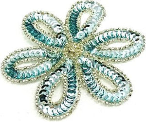 Flower with Ice Blue Sequins and Silver Beads with Rhinestone 3.5 x 3.5"