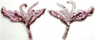 Flower Pair with Pink Sequins and Silver Beads 7.5" x 6"