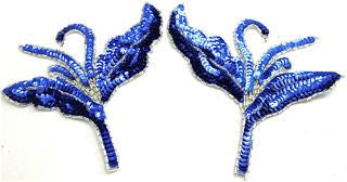 Flower Pair with Royal Blue Sequins Silver Beads 7" x 6"
