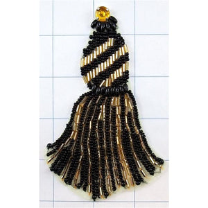 Tassel Black and Gold Beaded with Gem 5" x 3"