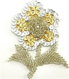 Flower with Gold and Silver Beads and Pearls. 4" X 3"