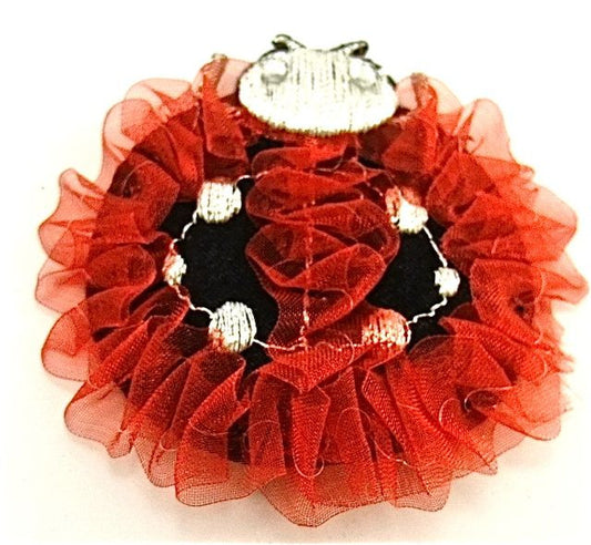 Red Organza Beetle with Silver and Black Embroidery- Iron-on 2.5"