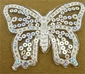 Butterfly, Silver Sequins with White, Embroidered Iron-On 4" X 3"