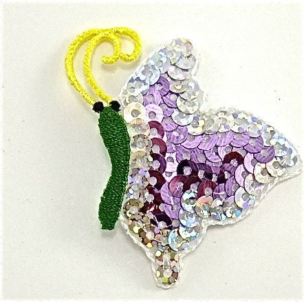 Butterfly, Purple/Silver Sequin wings, Embroidered Iron-On 2" x 2"