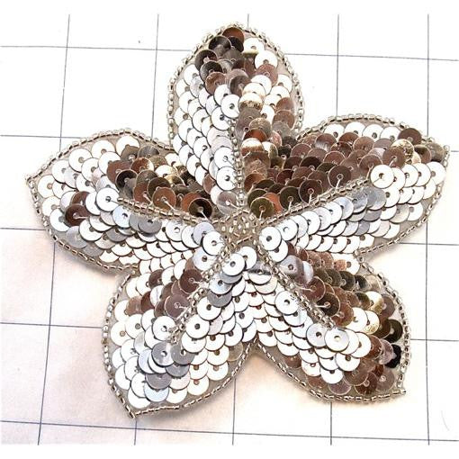 Flower with Silver Sequins and Beads 4" x 4"
