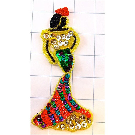 Lady Spanish Dancer Appliqué with Gown and Hat - Multicolored Sequins and Beads 6" x 3"