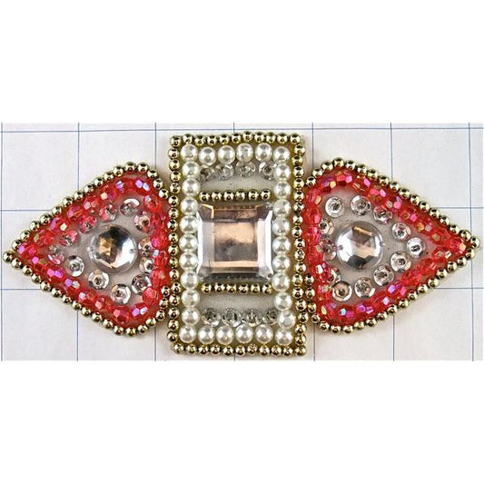 Designer Motif Appliqué with Silver Sequins and Fuchsia, Silver, and Clear Beads - Pearl Trim and Rhinestones 5.5" x 2.5"
