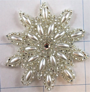 Flower with Silver Beads, Pearls and Rhinestone 2"