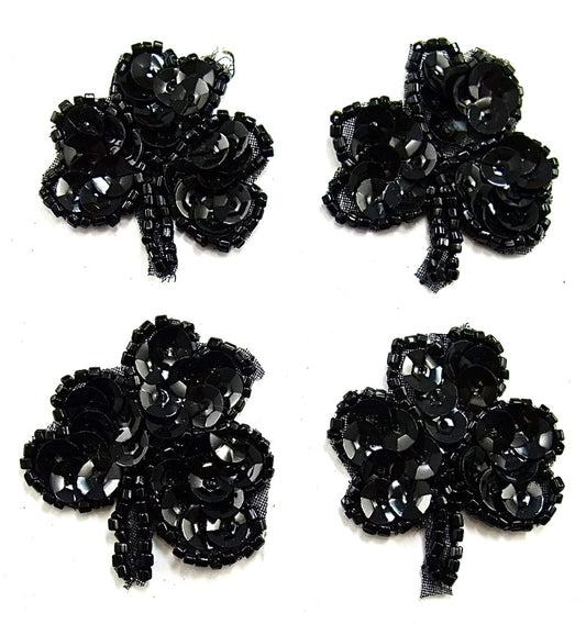 Leaf Clover Set of Four with Black Sequins and Beads 1.5"