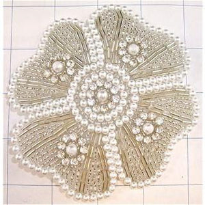 Flower with Pearls Silver Beads and Many Rhinestones 4.5"