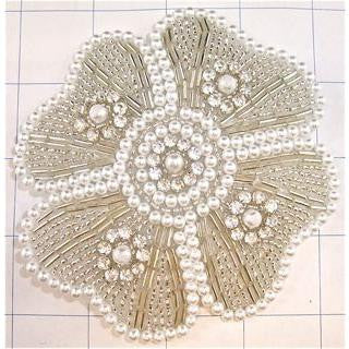Flower with Pearls Silver Beads and Many Rhinestones 4.5