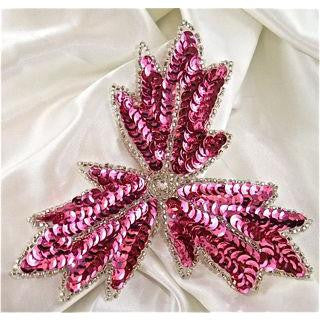 LITE COLORED FUSHIA SEQUIN LEAF WITH CRYSTAL CENTER. 5" X 5"