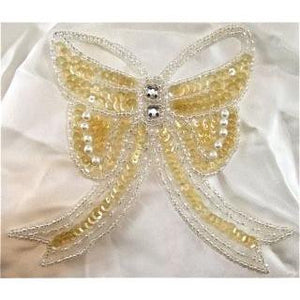 Bow Lite Yellowish Iridescent sequins and Pearls and Rhinestones 4" x 5"